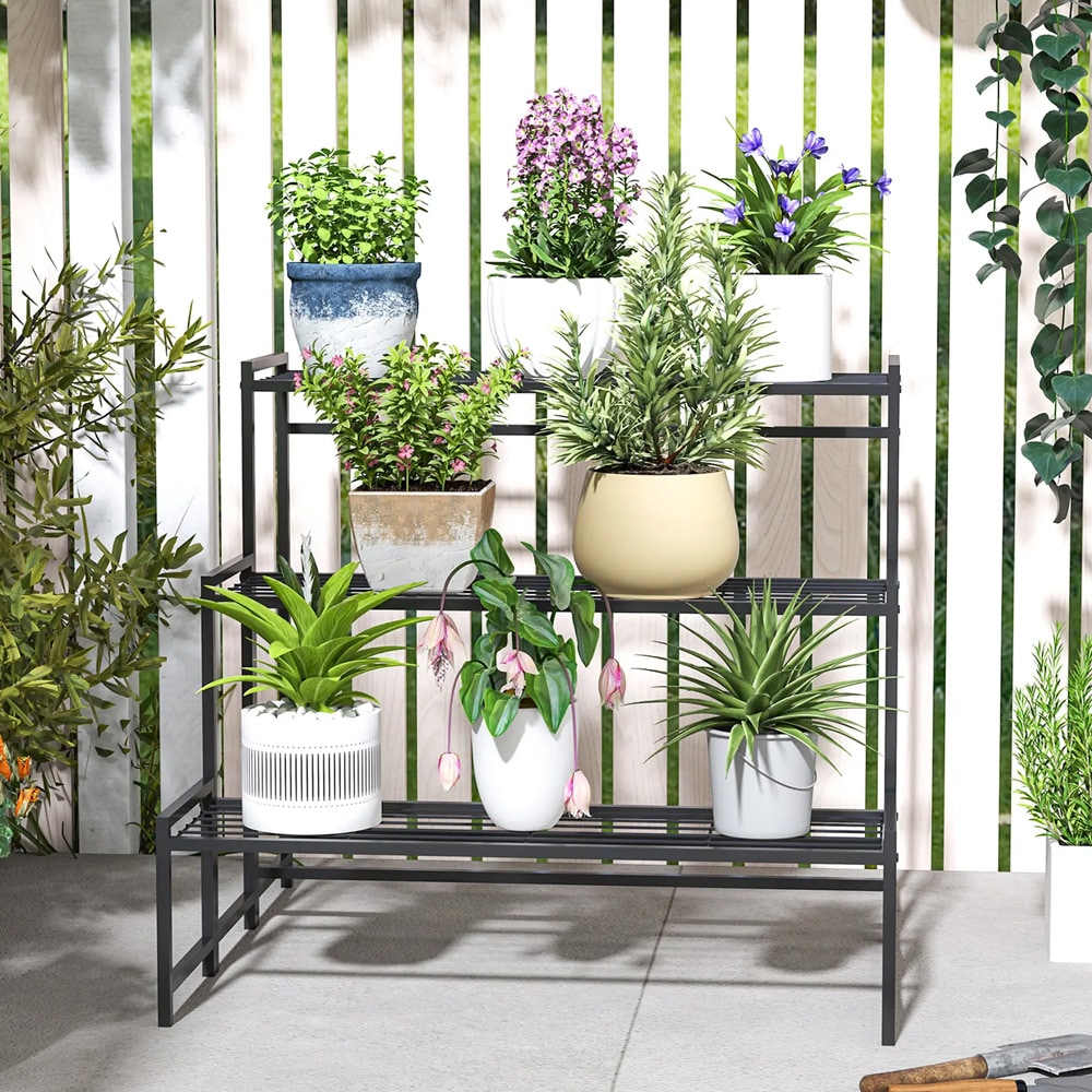 Plantestativ 75×70×66 cm / 3-etasjes blomsterstativ i metall for inne- og utebruk – Svart