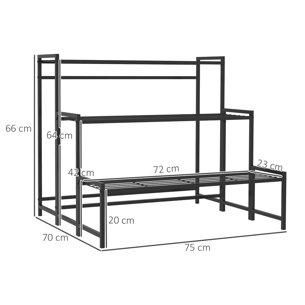 Plantestativ 75×70×66 cm / 3-etasjes blomsterstativ i metall for inne- og utebruk – Svart