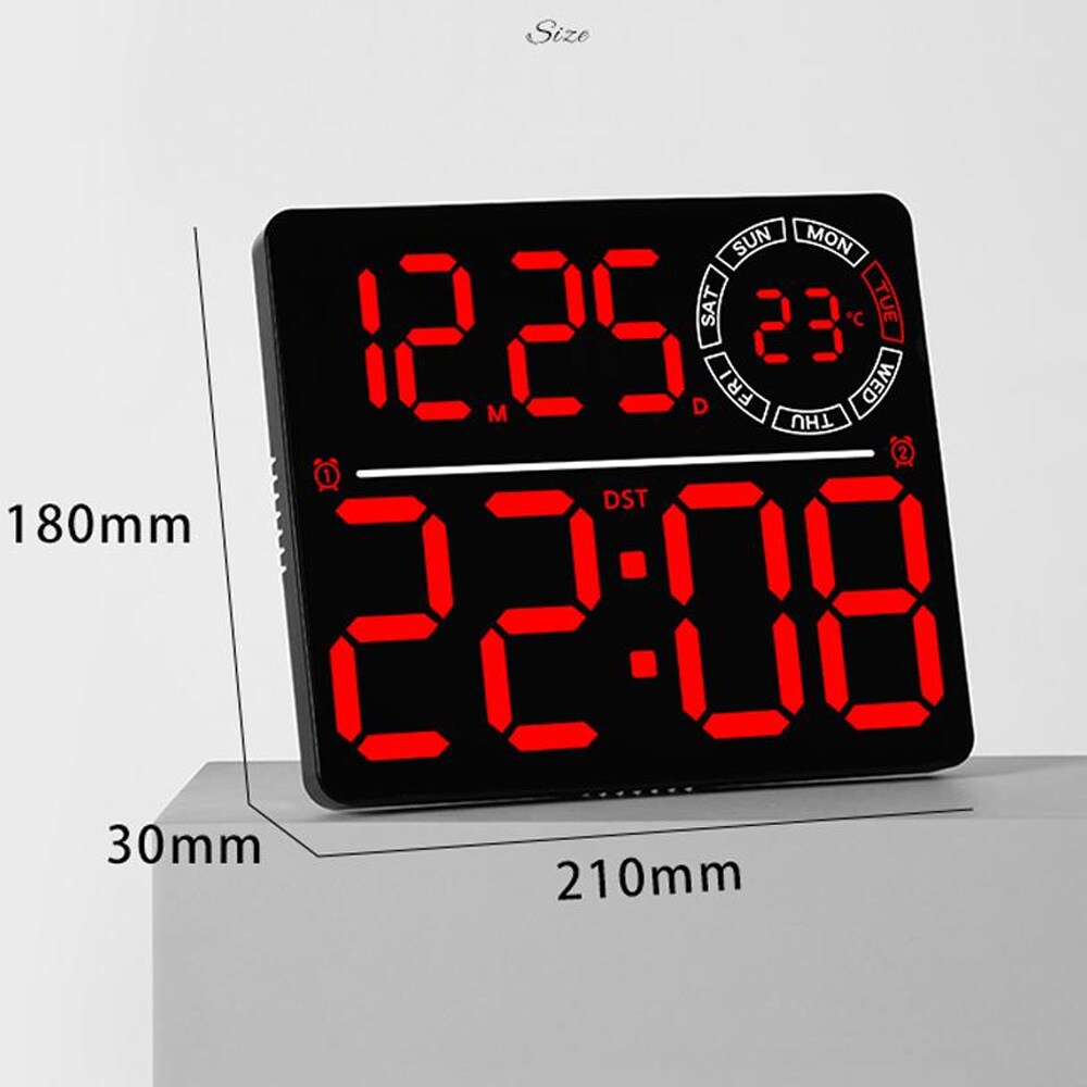 Digital veggklokke med RGB LED / stor LED-klokke med dobbel alarm, temperatur og timer – Svart