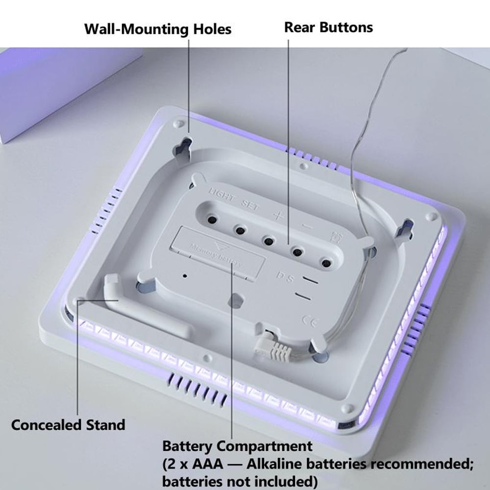 Digital veggklokke med RGB LED / stor LED-klokke med dobbel alarm, temperatur og timer – Svart
