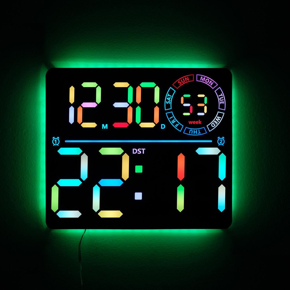 Digital veggklokke med RGB LED / stor LED-klokke med dobbel alarm, temperatur og timer – Svart
