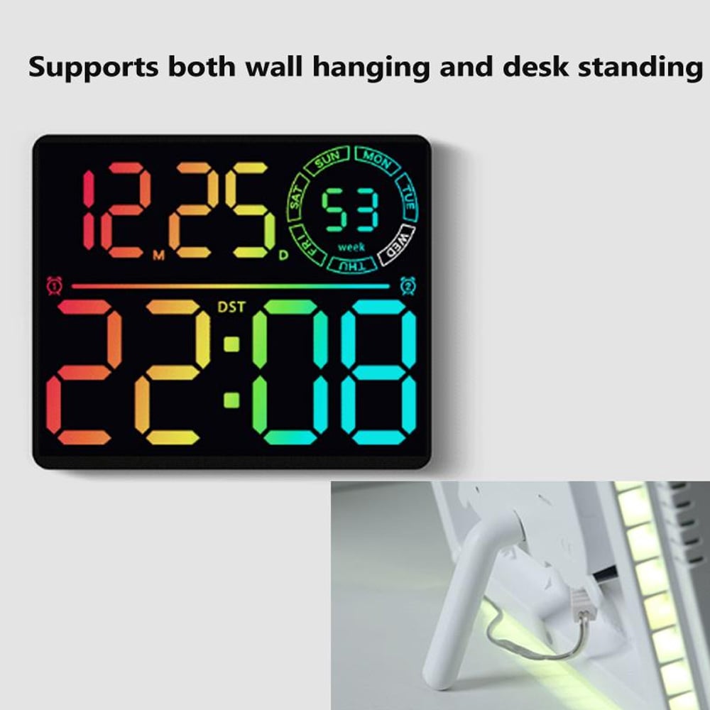 Digital veggklokke med RGB LED / stor LED-klokke med dobbel alarm, temperatur og timer – Hvit