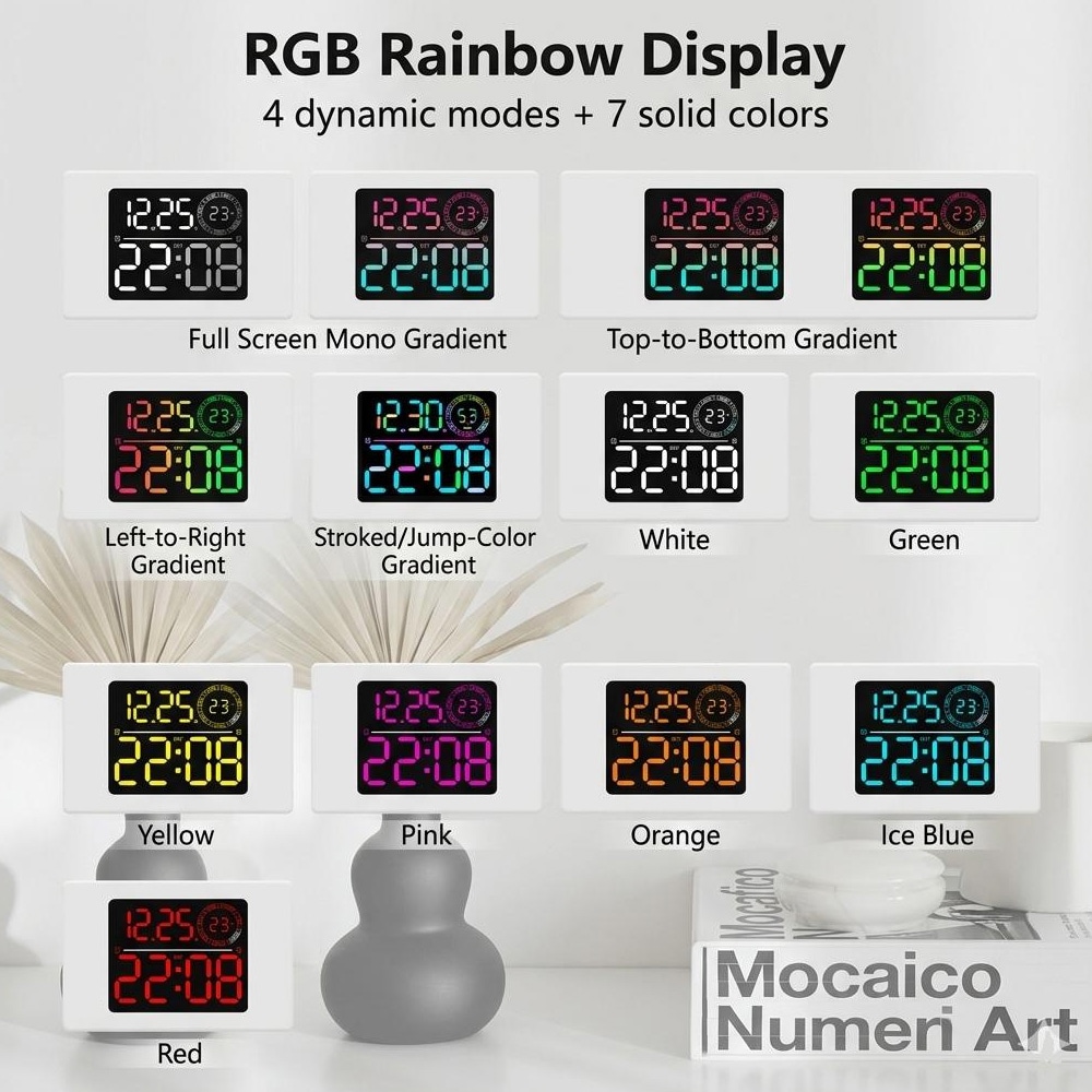 Digital veggklokke med RGB LED / stor LED-klokke med dobbel alarm, temperatur og timer – Hvit