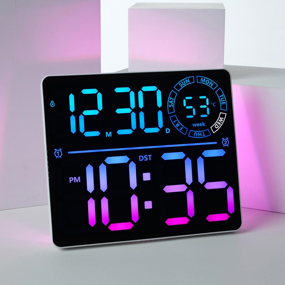 Digital veggklokke med RGB LED / stor LED-klokke med dobbel alarm, temperatur og timer – Hvit