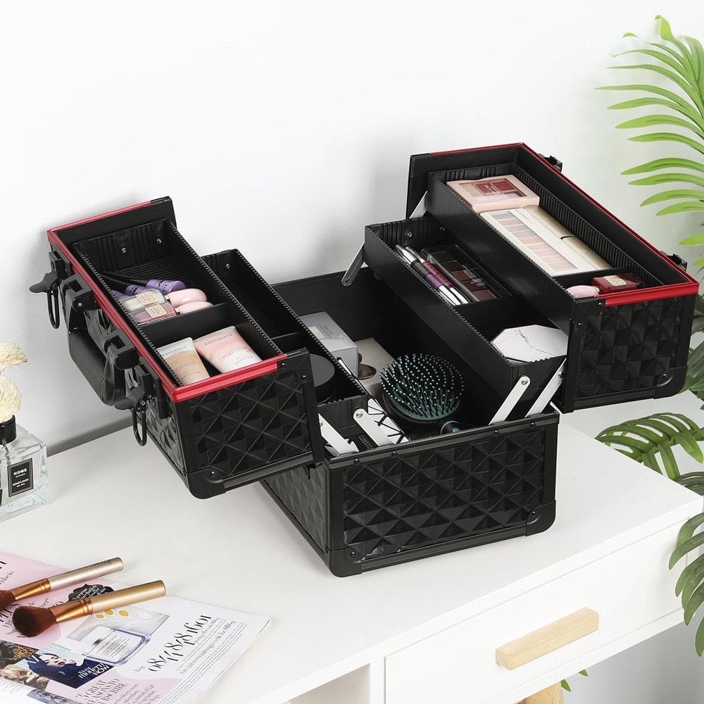 Makeuptaske med lås / hård makeupkuffert med justerbare rum og håndtag – Sort