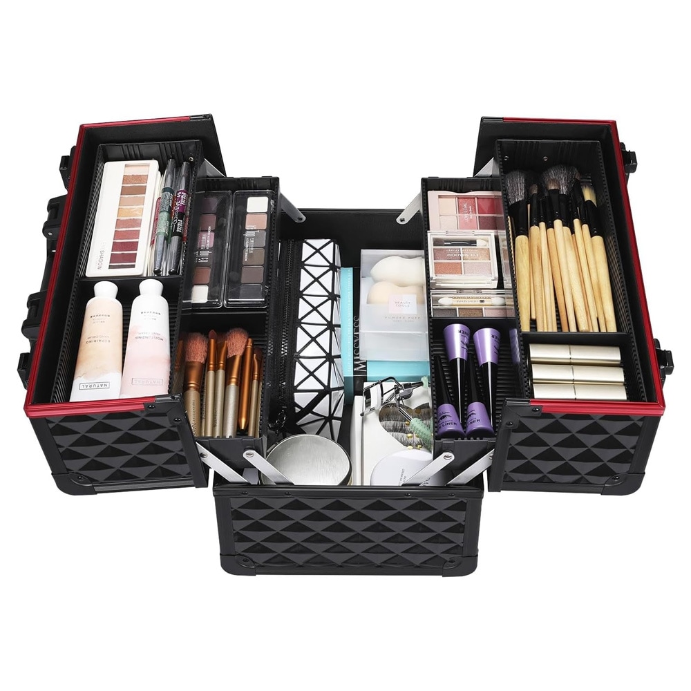 Makeuptaske med lås / hård makeupkuffert med justerbare rum og håndtag – Sort