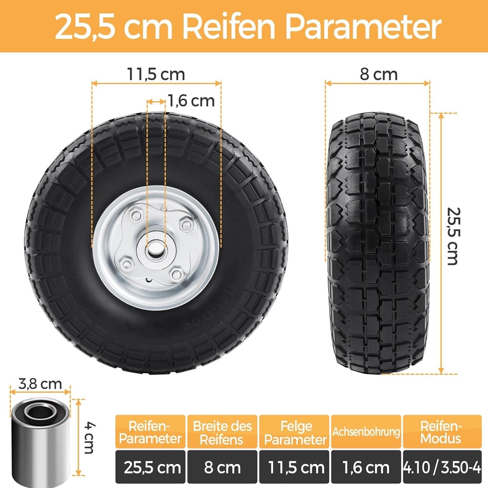 Punkteringsfrie hjul 4 stk. / PU-hjul til trillebår og transportvogn 255×80 mm – 16 mm akselhull
