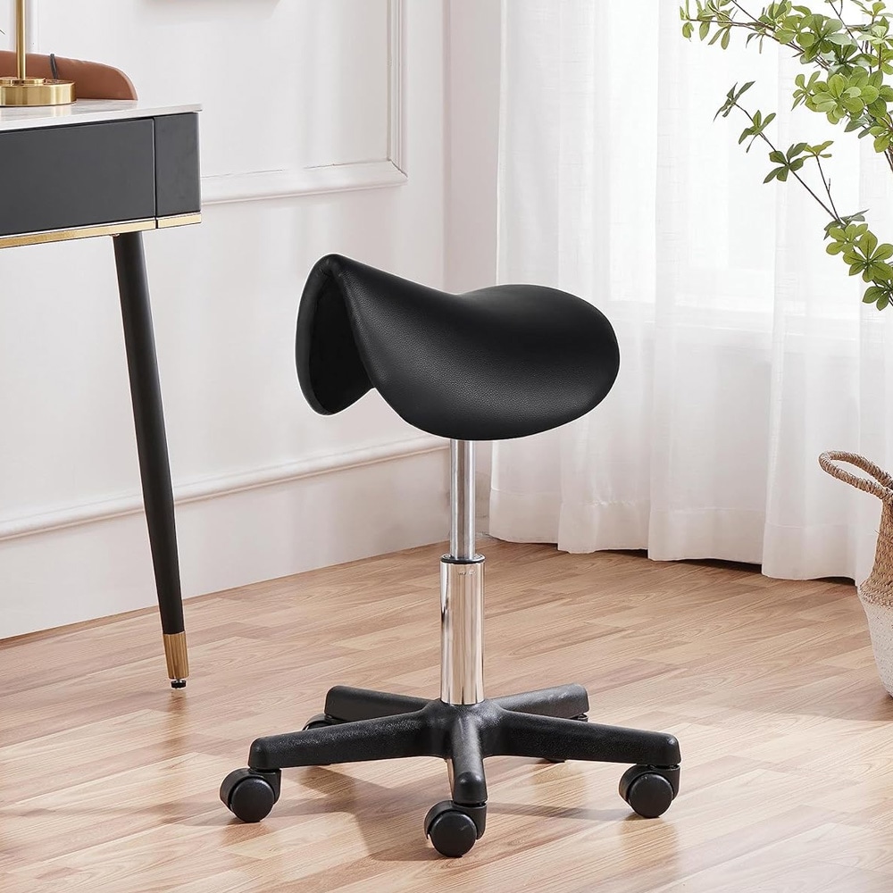 Sadelstol med hjul / justerbar arbeidskrakk med sadelsete / svart arbeidsstol