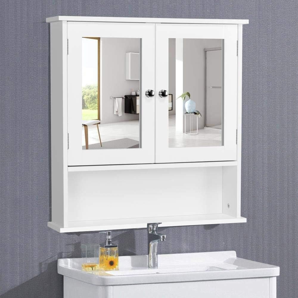Baderomsskap med speildører 56×13×58 cm / veggskap / speilskap med justerbar hylle og åpent rom – Hvit