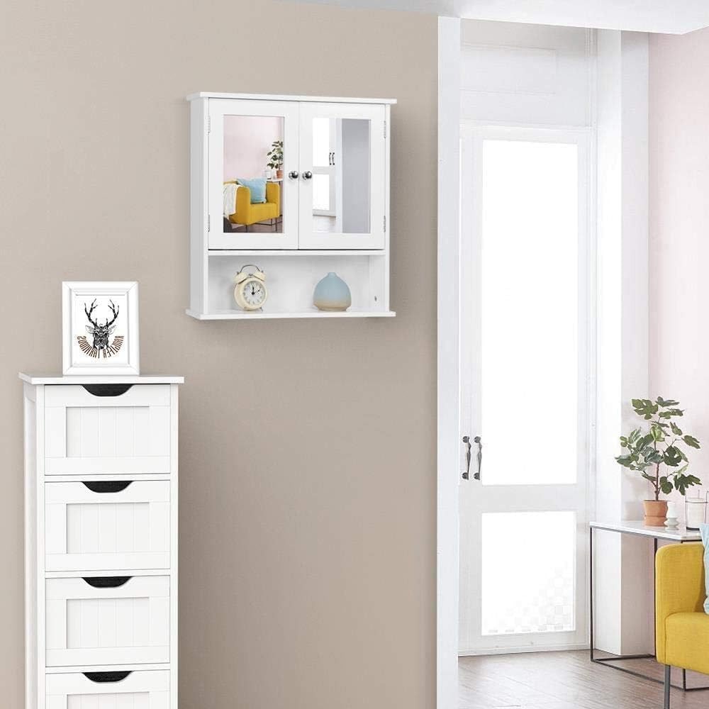 Baderomsskap med speildører 56×13×58 cm / veggskap / speilskap med justerbar hylle og åpent rom – Hvit