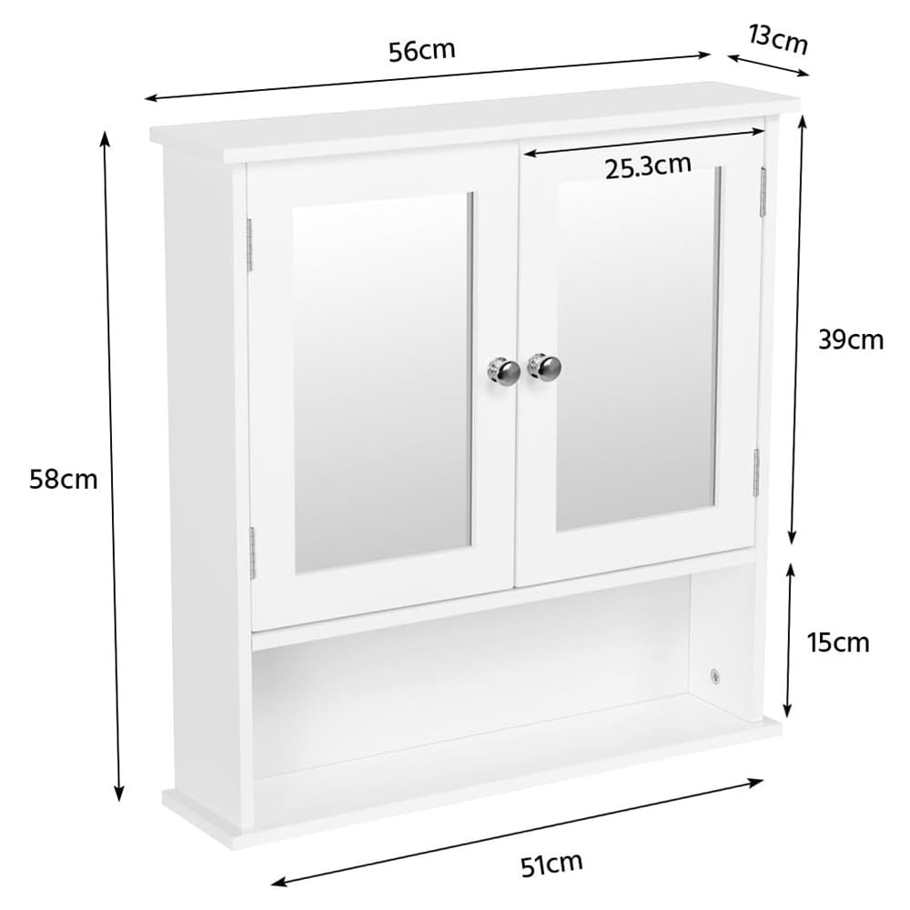 Baderomsskap med speildører 56×13×58 cm / veggskap / speilskap med justerbar hylle og åpent rom – Hvit