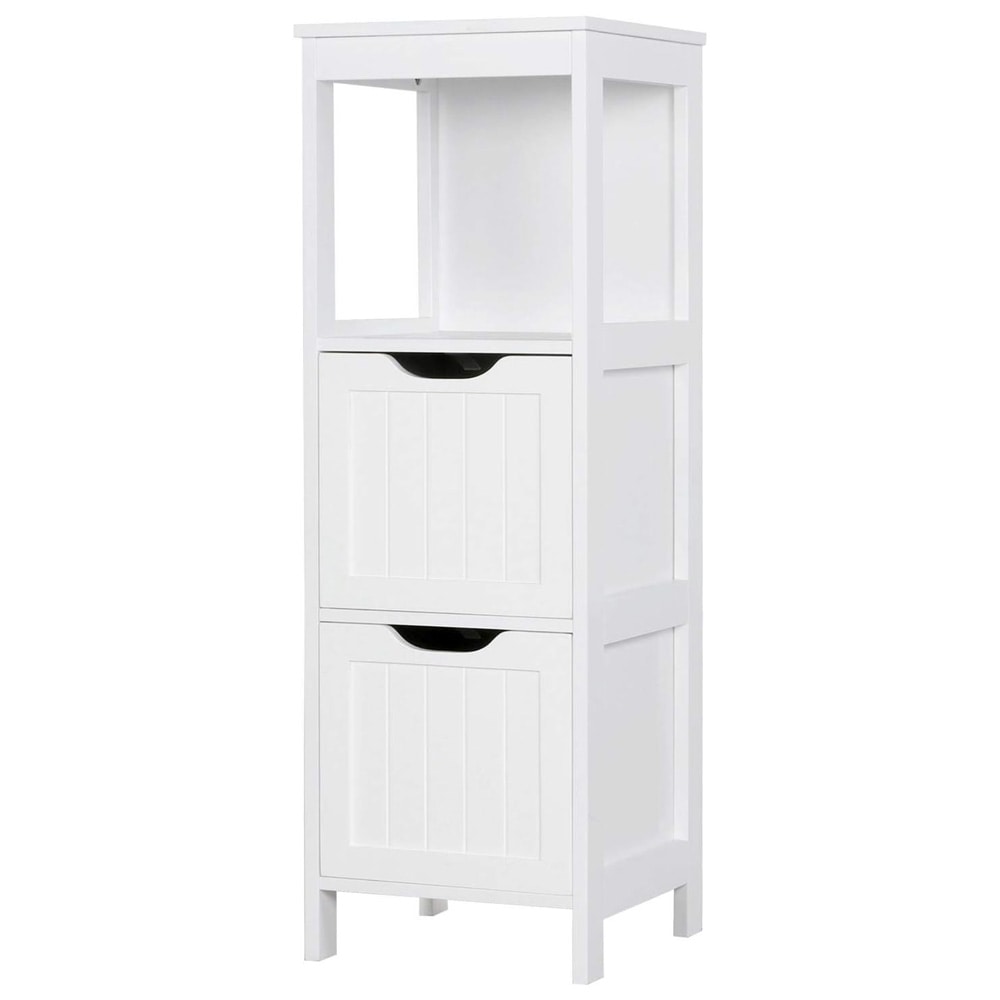 Baderomskommode med 2 uttrekkbare skuffer 30×30×89 cm / fristående skap med åpen hylle – Hvit