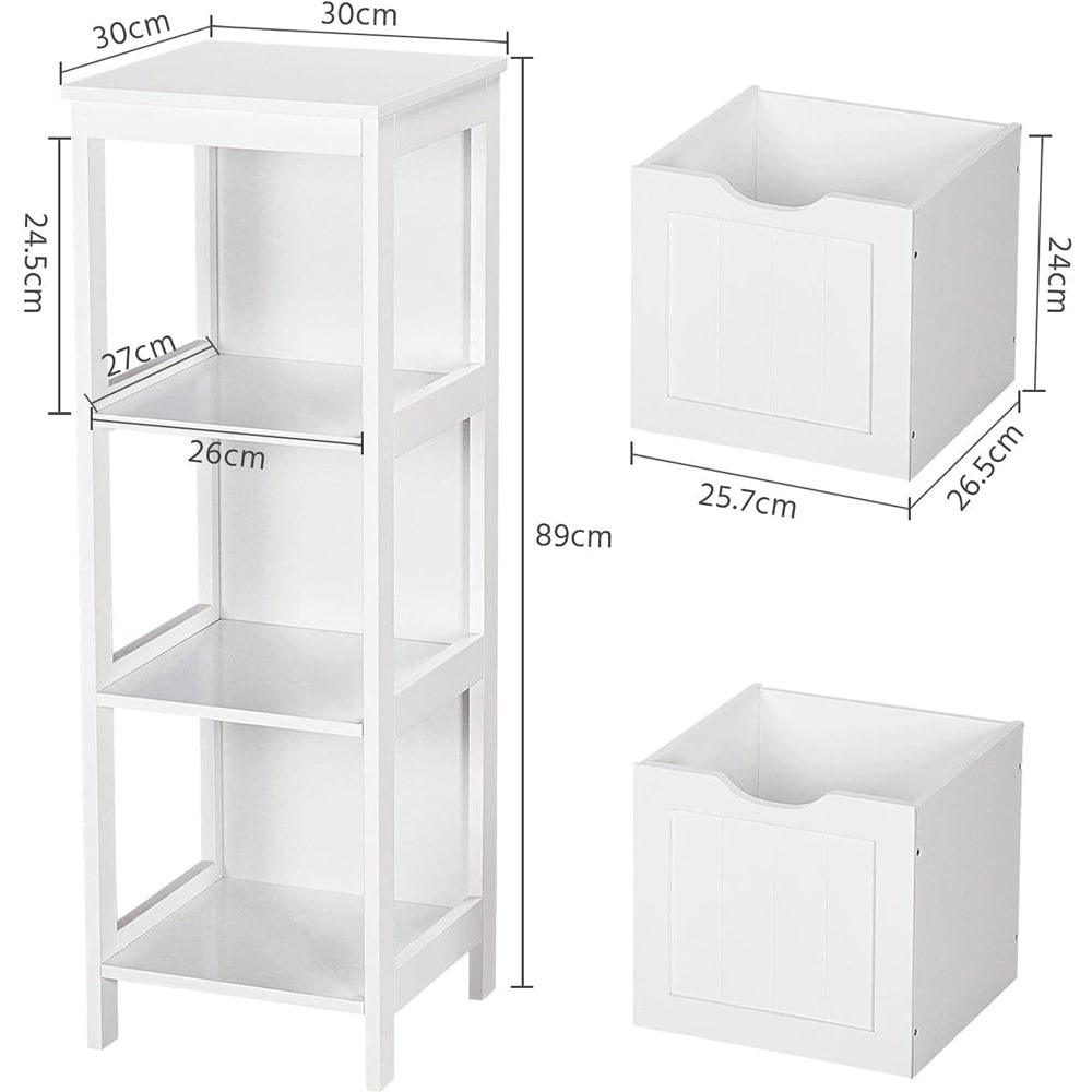 Baderomskommode med 2 uttrekkbare skuffer 30×30×89 cm / fristående skap med åpen hylle – Hvit