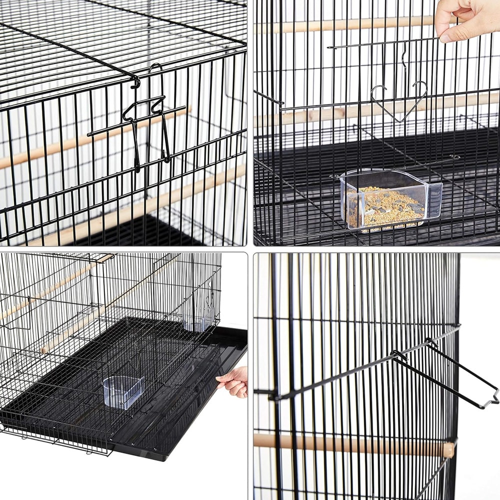 Fuglebur 76×45,5×45,5 cm / romslig bur med flere åpninger for undulater og parakitter - Svart