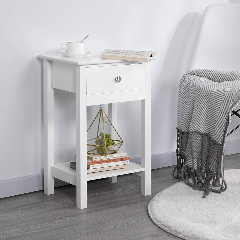 Nattbord 2 stk. med skuff og hylle 40×30×61 cm / sengebord / smale sidebord – Hvit