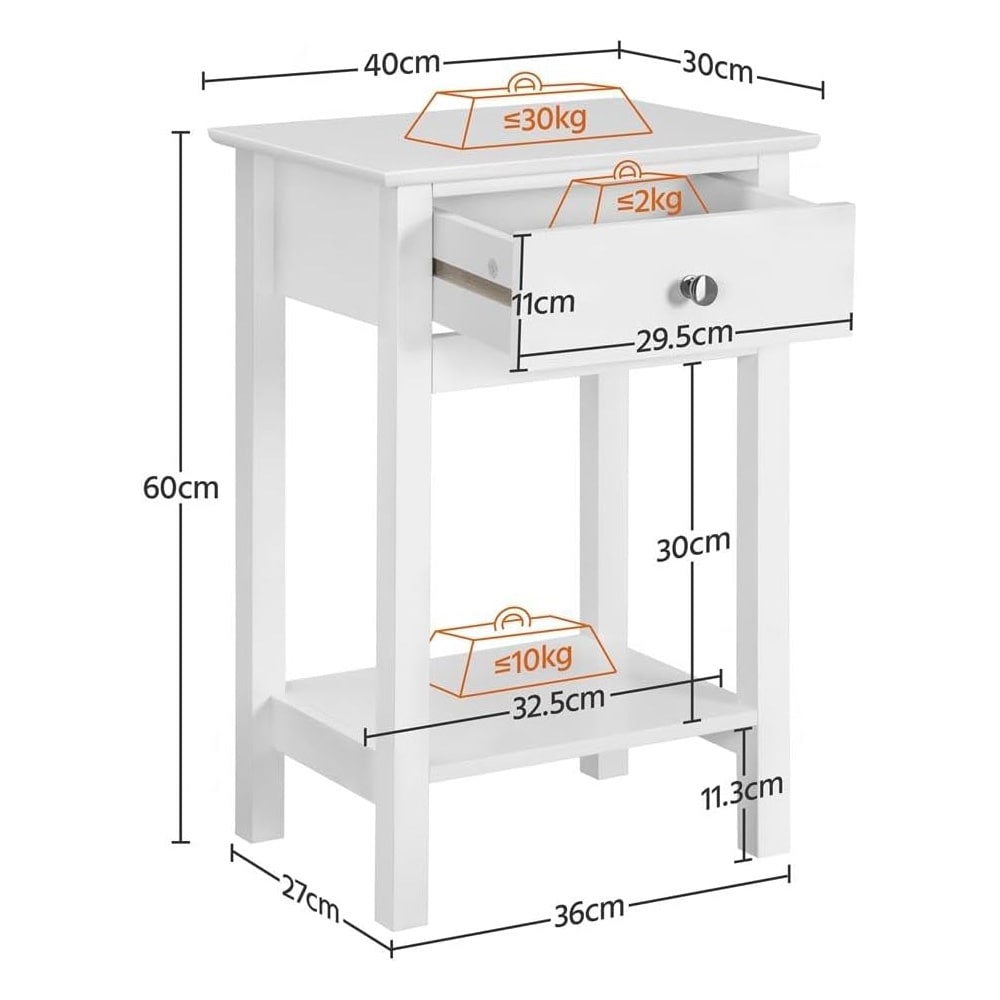 Nattbord 2 stk. med skuff og hylle 40×30×61 cm / sengebord / smale sidebord – Hvit