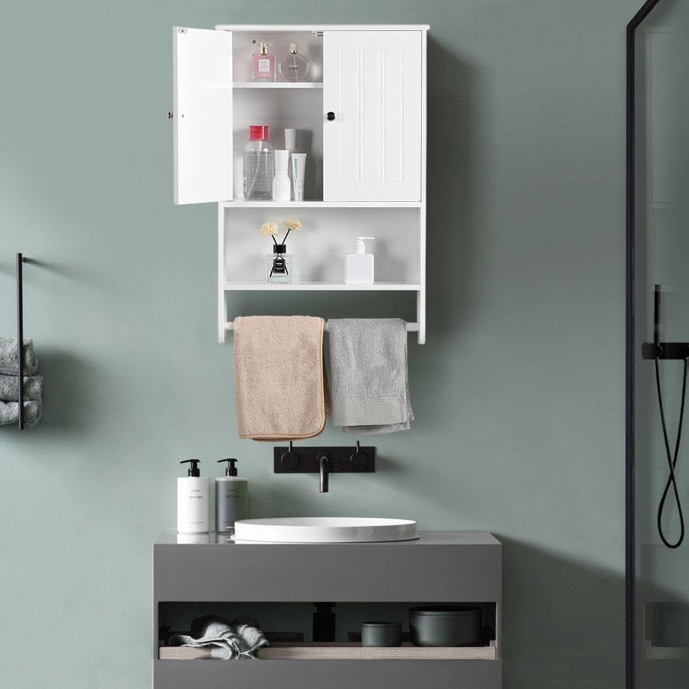 Veggskap med håndklestang 48,5×14×73 cm / baderomsskap med justerbar hylle og åpent rom - Hvit