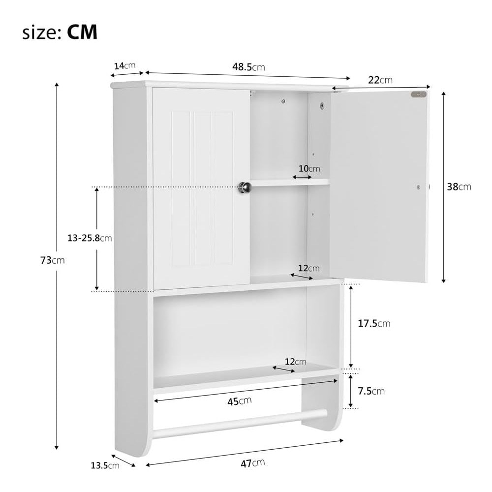 Veggskap med håndklestang 48,5×14×73 cm / baderomsskap med justerbar hylle og åpent rom - Hvit