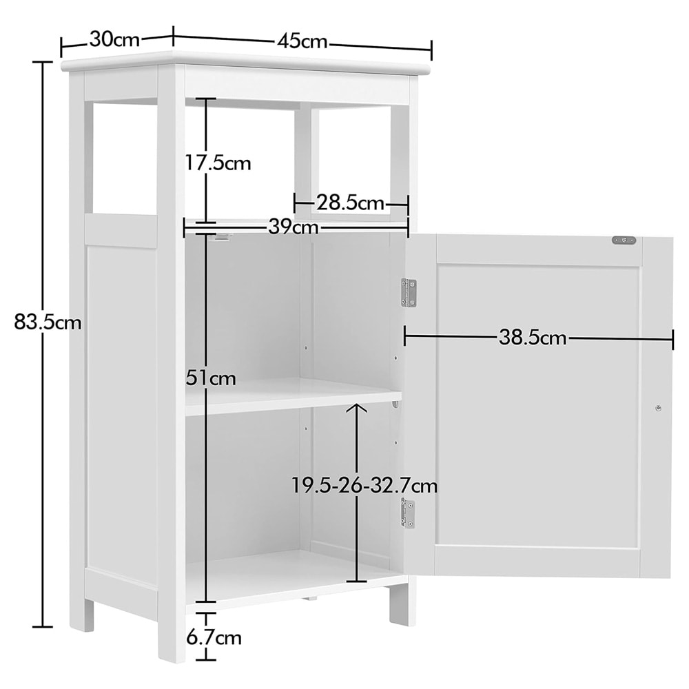 Baderomsskap med åpent rom 45×30×83,5 cm / smalt frittstående skap med justerbar hylle – Hvit