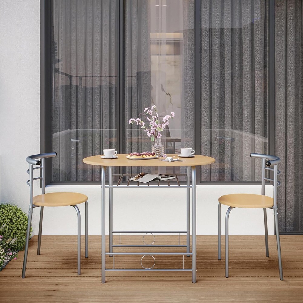 Spisegruppe med ovalt bord 80×53 cm og 2 stoler / kjøkkenbord med hylle – Brun/metall