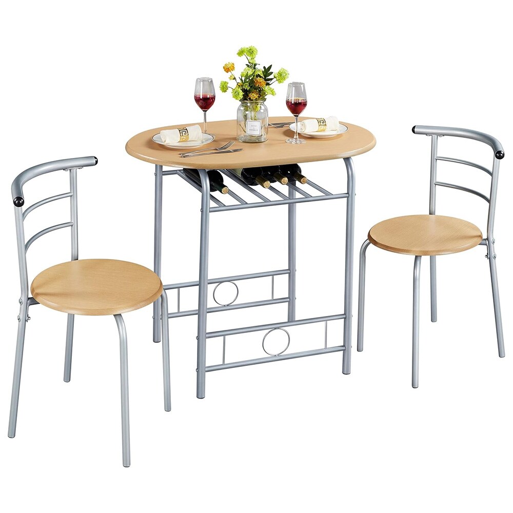 Spisegruppe med ovalt bord 80×53 cm og 2 stoler / kjøkkenbord med hylle – Brun/metall