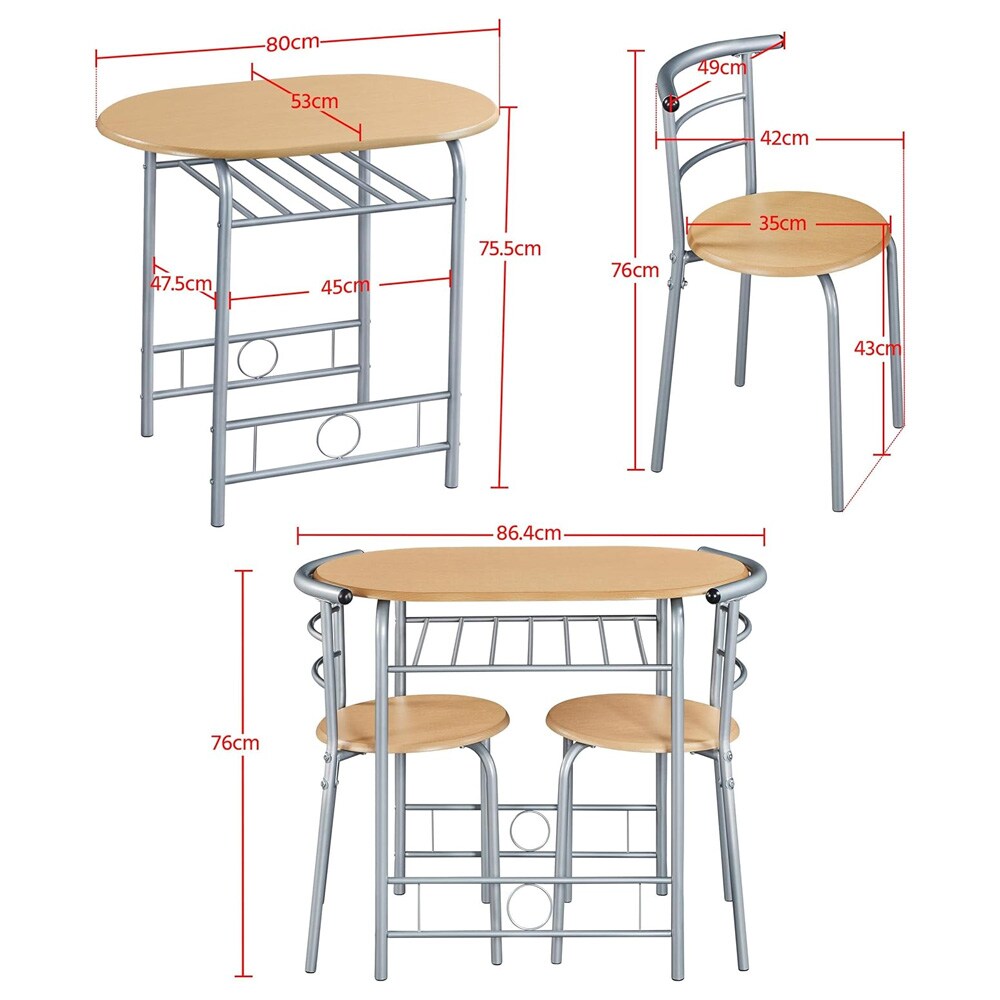 Spisegruppe med ovalt bord 80×53 cm og 2 stoler / kjøkkenbord med hylle – Brun/metall