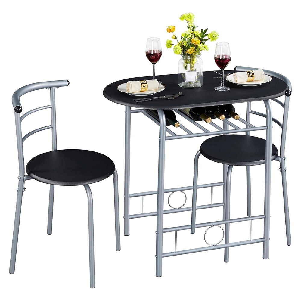 Spisegruppe med ovalt bord 80×53 cm og 2 stoler / kjøkkenbord med hylle – Svart/metall