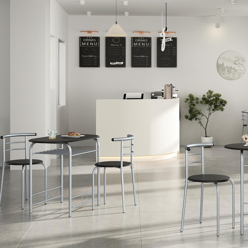 Spisegruppe med ovalt bord 80×53 cm og 2 stoler / kjøkkenbord med hylle – Svart/metall
