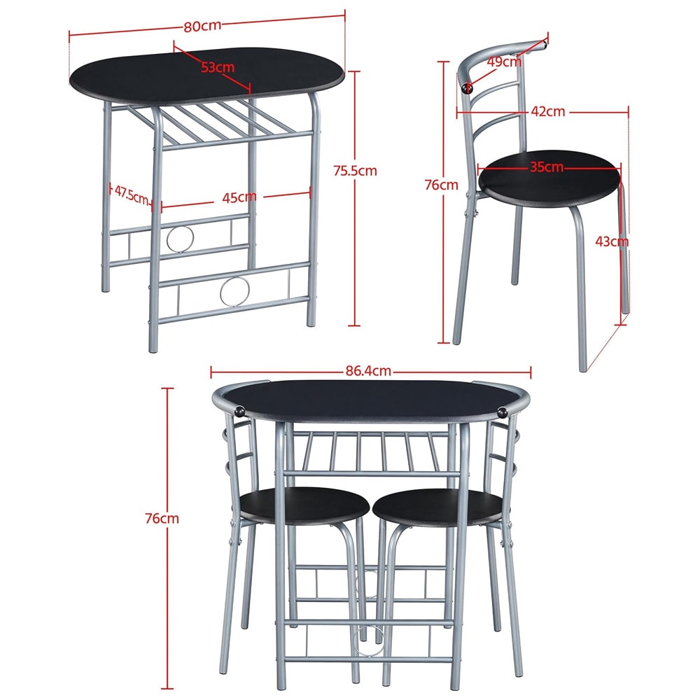 Spisegruppe med ovalt bord 80×53 cm og 2 stoler / kjøkkenbord med hylle – Svart/metall