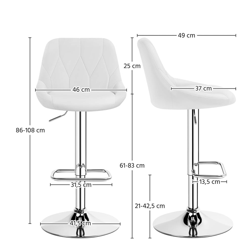 Hvite barstoler i kunstskinn 2 stk / justerbare barkrakker 61–84 cm med rygg og fotstøtte – Hvit