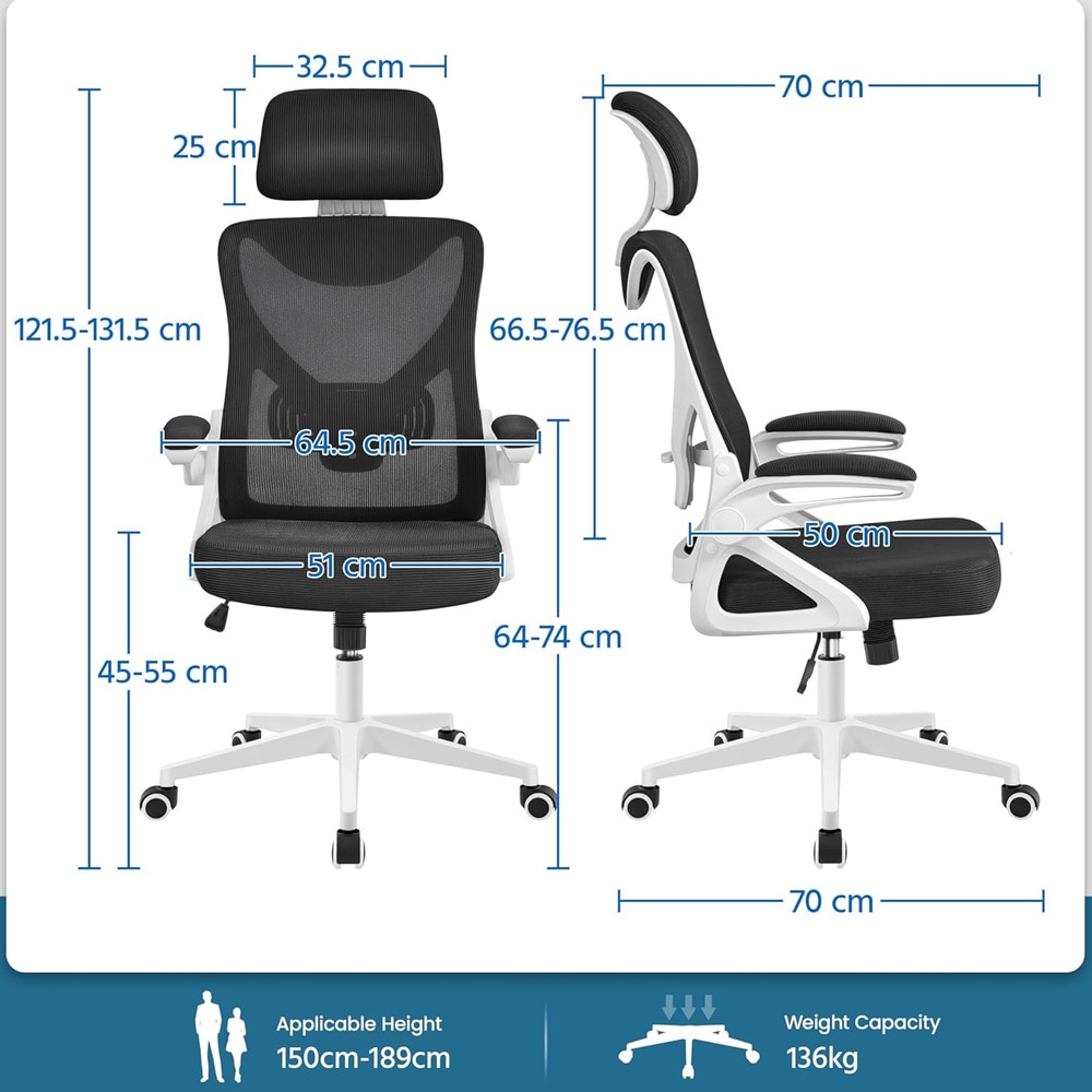 Ergonomisk kontorstol med nakkestøtte og korsryggstøtte / skrivebordsstol med oppfellbare armlener – Svart/hvit