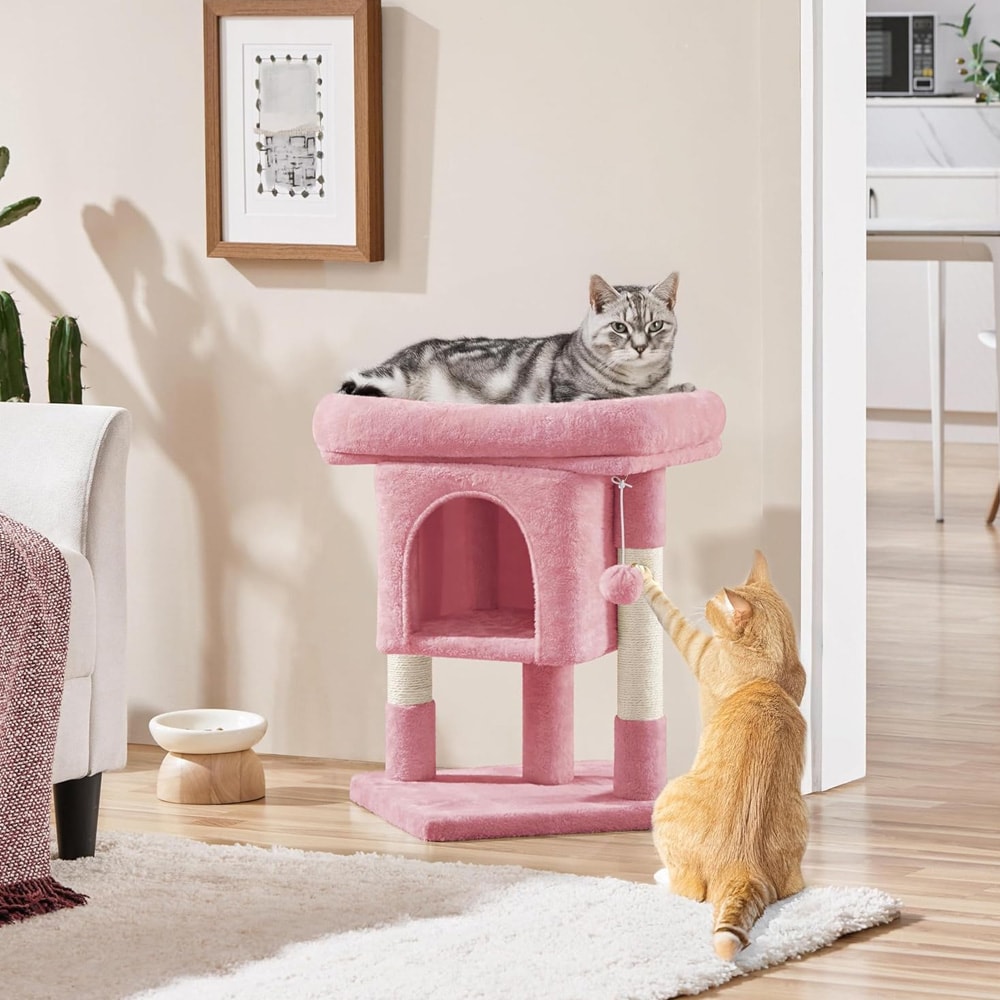 Lite kløebrett med hytte og seng - Pink / kompakt kløebrett med kattehule og plattform