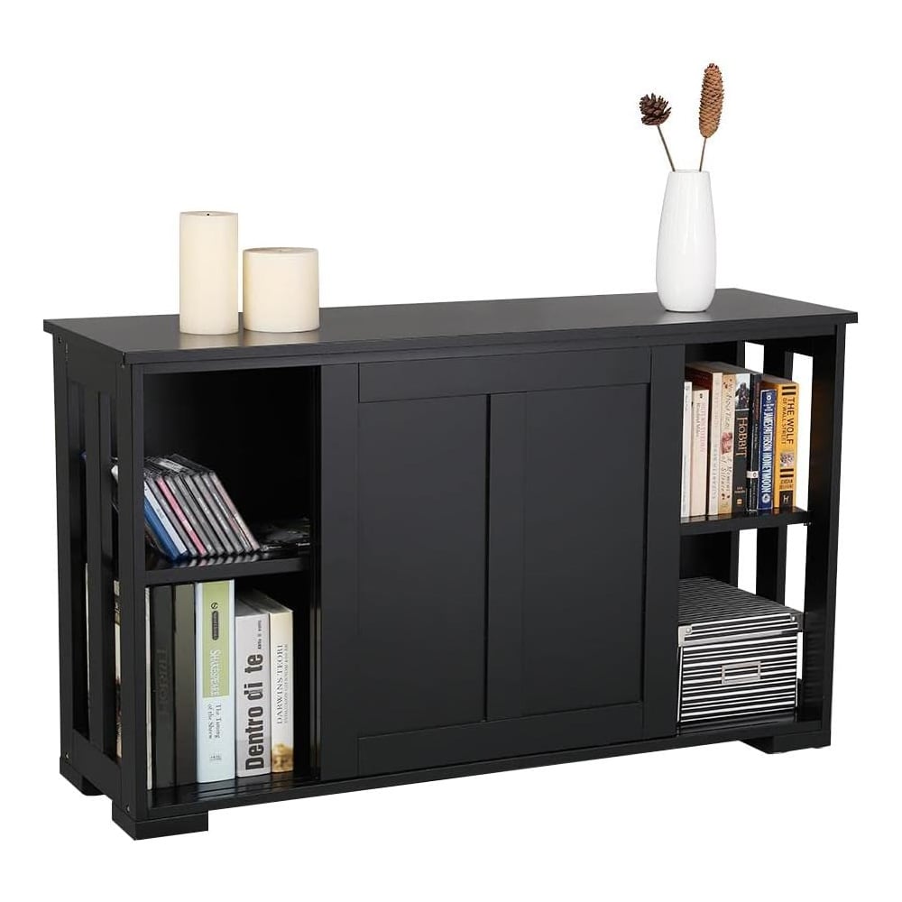 Lavt skap 106,7×33×63 cm / benk med skyvedører og justerbar hylle – Svart