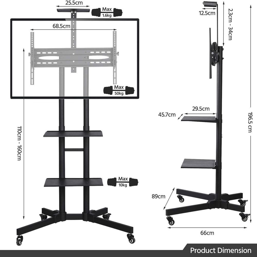 TV-stativ på hjul for TV opptil 75″ med justerbar høyde / gulvstativ med VESA 100×100–600×400 mm – Svart