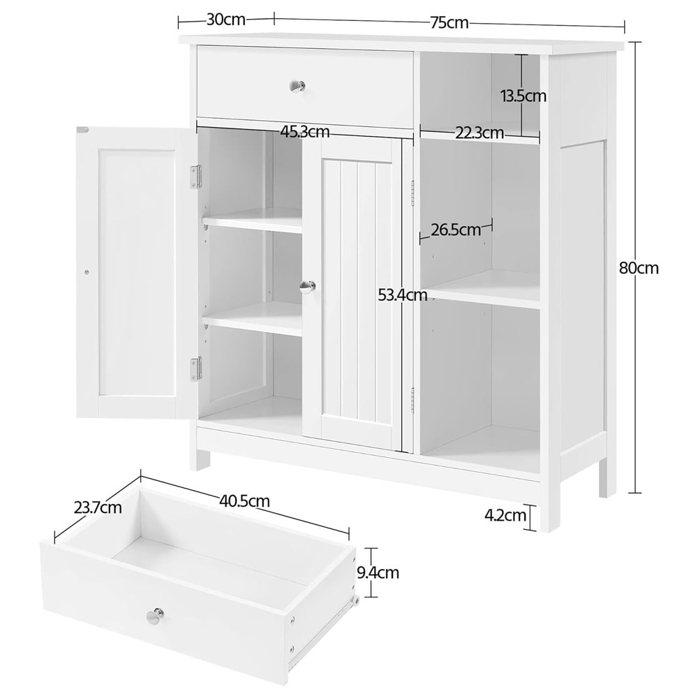 Baderomsskap 75×30×80 cm / frittstående skap med skuff og justerbare hyller / gulvskap til badet – Hvit