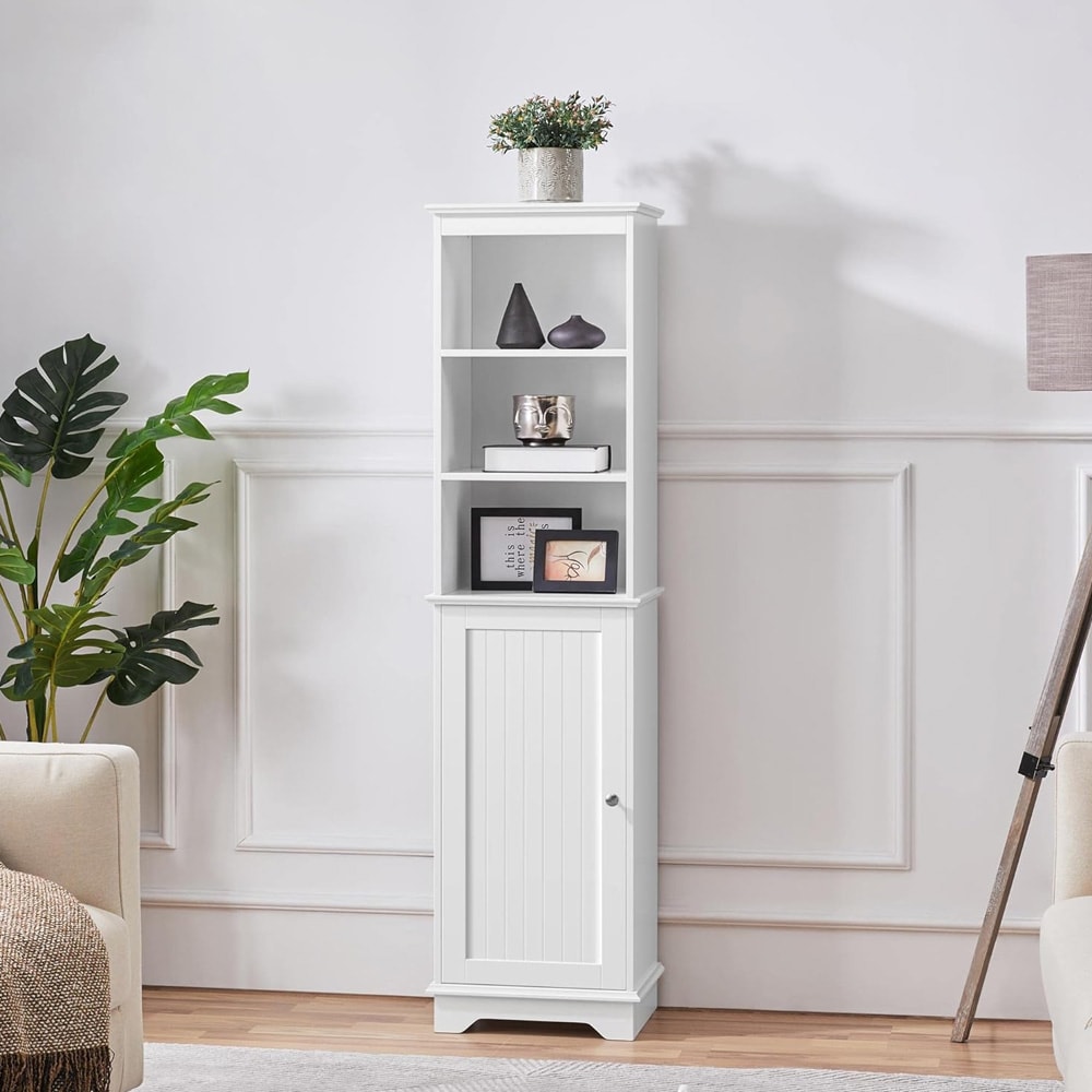 Baderomsskap 40×30×153 cm / høyskap / smalt gulvskap med 3 åpne hyller og justerbar hylle – Hvit