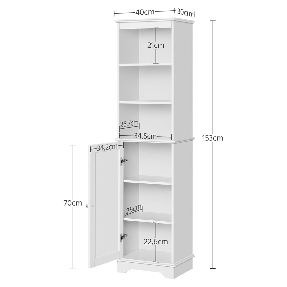 Baderomsskap 40×30×153 cm / høyskap / smalt gulvskap med 3 åpne hyller og justerbar hylle – Hvit