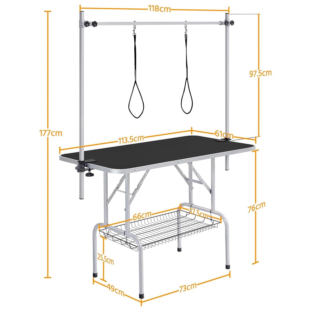 Trimmebord for hund 118×60×177 cm / sammenleggbart stellebord til kjæledyr med 2 seler
