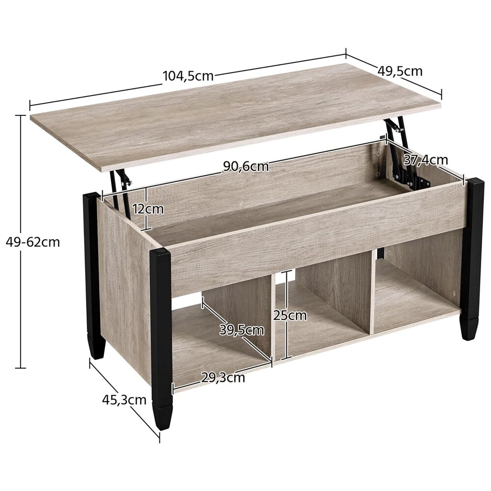 Salongbord 104,5×49,5×62 cm / sofabord med hevbar bordplate / stuebord med oppbevaring – Grå