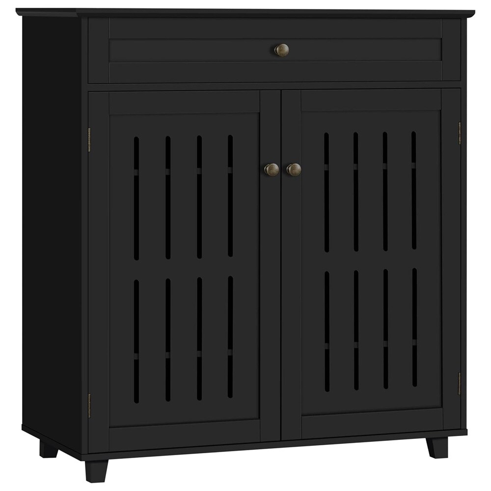 Skoskap 78×37×85,5 cm / skap med skuff, 4 hyller og ventilerende lamelldører – Svart