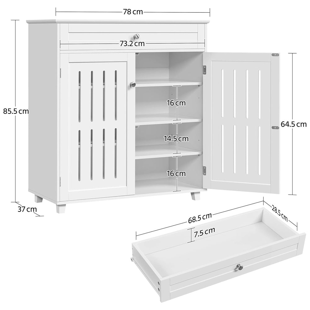 Skoskap 78×37×85,5 cm / skap med skuff, 4 hyller og ventilerende lamelldører – Hvit