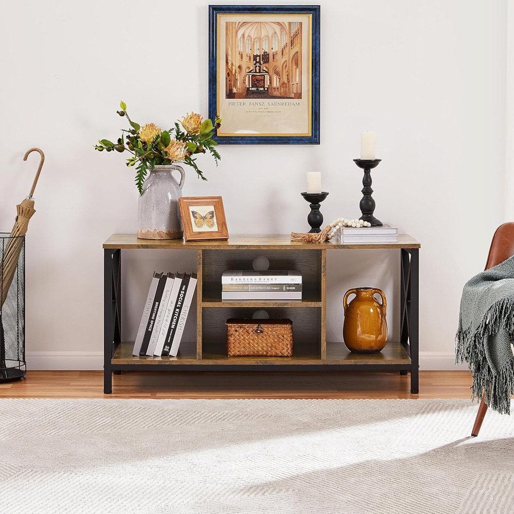 TV-benk 106×40×50,5 cm / mediabenk med 4 åpne hyller for TV opptil 45″ – Rustikk brun/svart