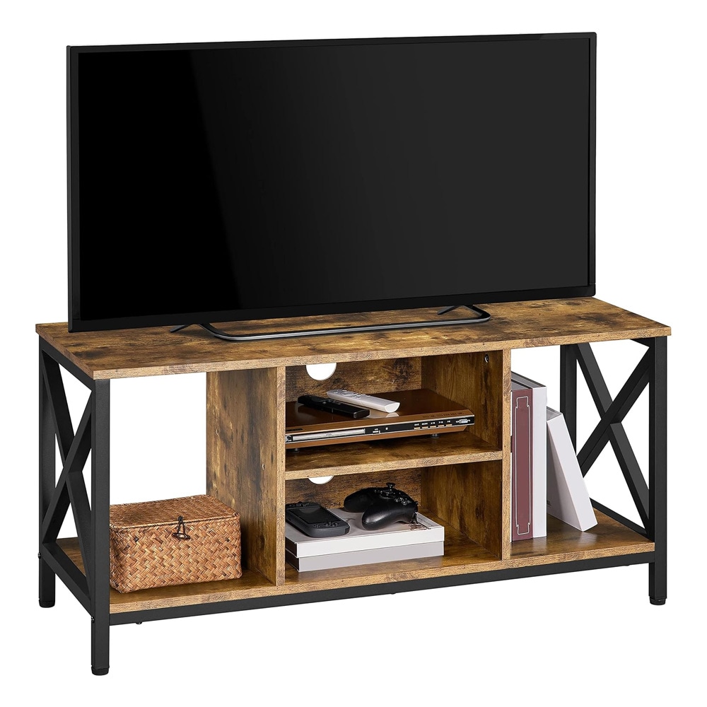 TV-benk 106×40×50,5 cm / mediabenk med 4 åpne hyller for TV opptil 45″ – Rustikk brun/svart
