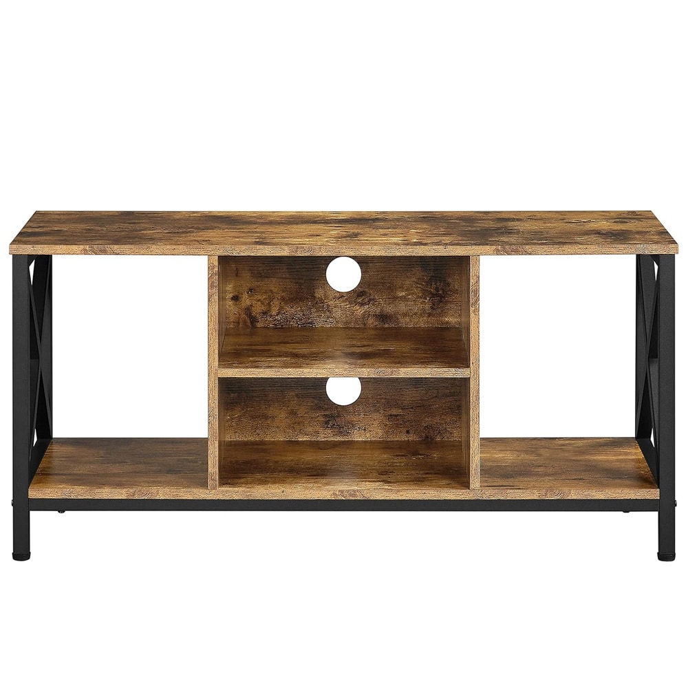 TV-benk 106×40×50,5 cm / mediabenk med 4 åpne hyller for TV opptil 45″ – Rustikk brun/svart