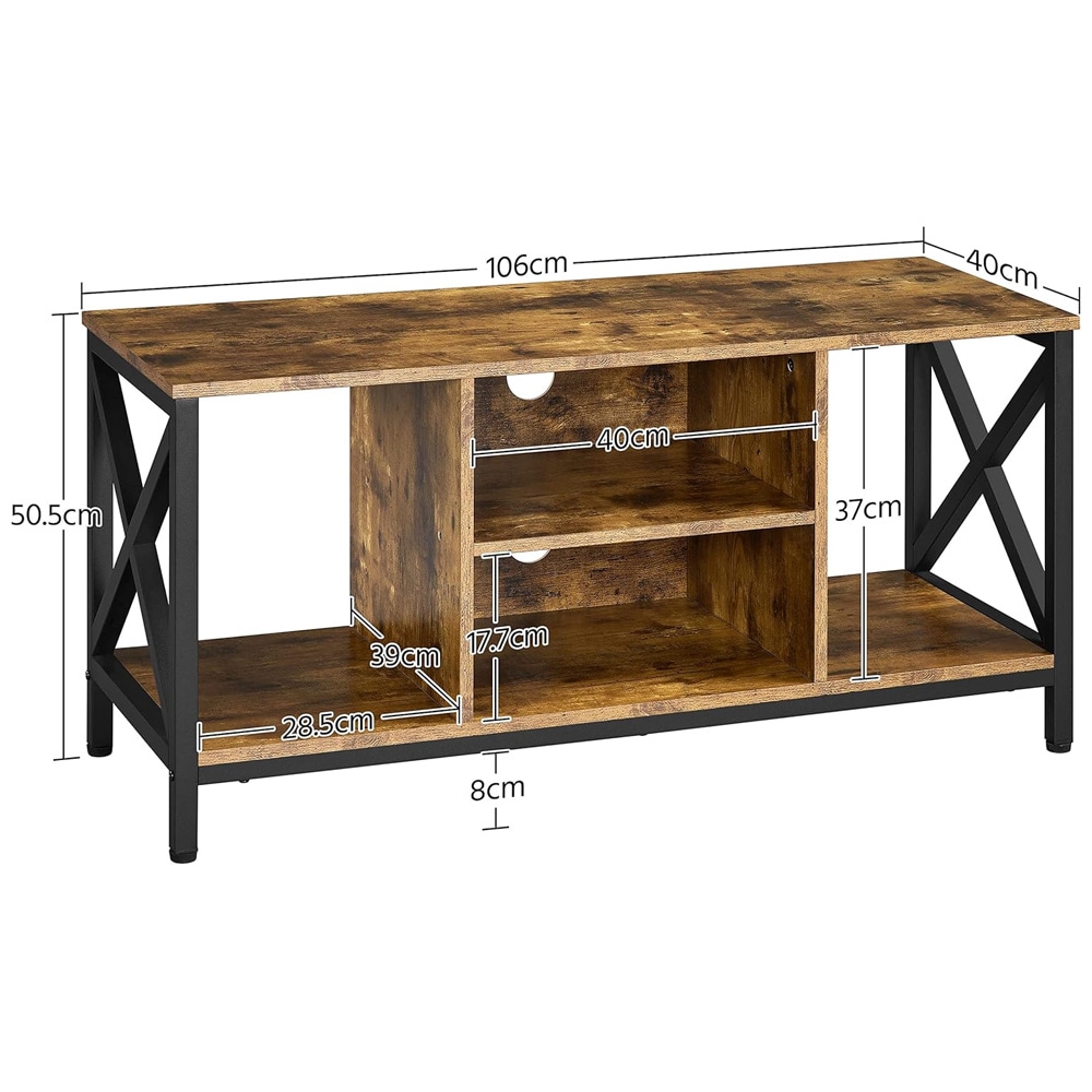 TV-benk 106×40×50,5 cm / mediabenk med 4 åpne hyller for TV opptil 45″ – Rustikk brun/svart