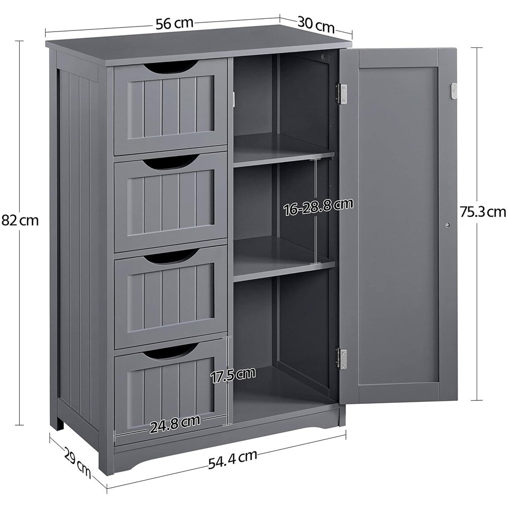 Baderomsskap 56×30×82 cm / smalt gulvskap / skap med 4 skuffer og justerbar hylle – Grå