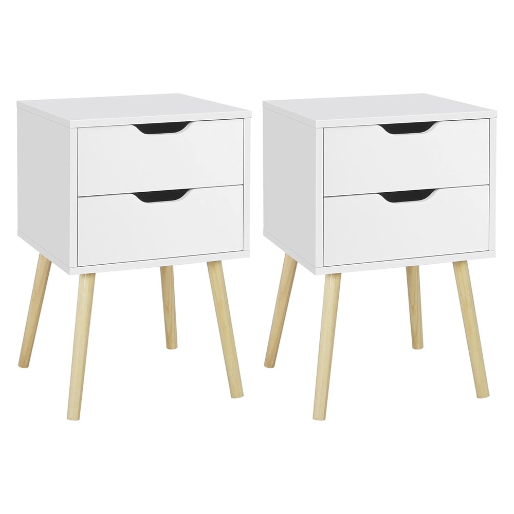 Nattbord 2 stk 40×40×61 cm / sidebord med 2 skuffer og ben i massivt tre – Hvit/natur