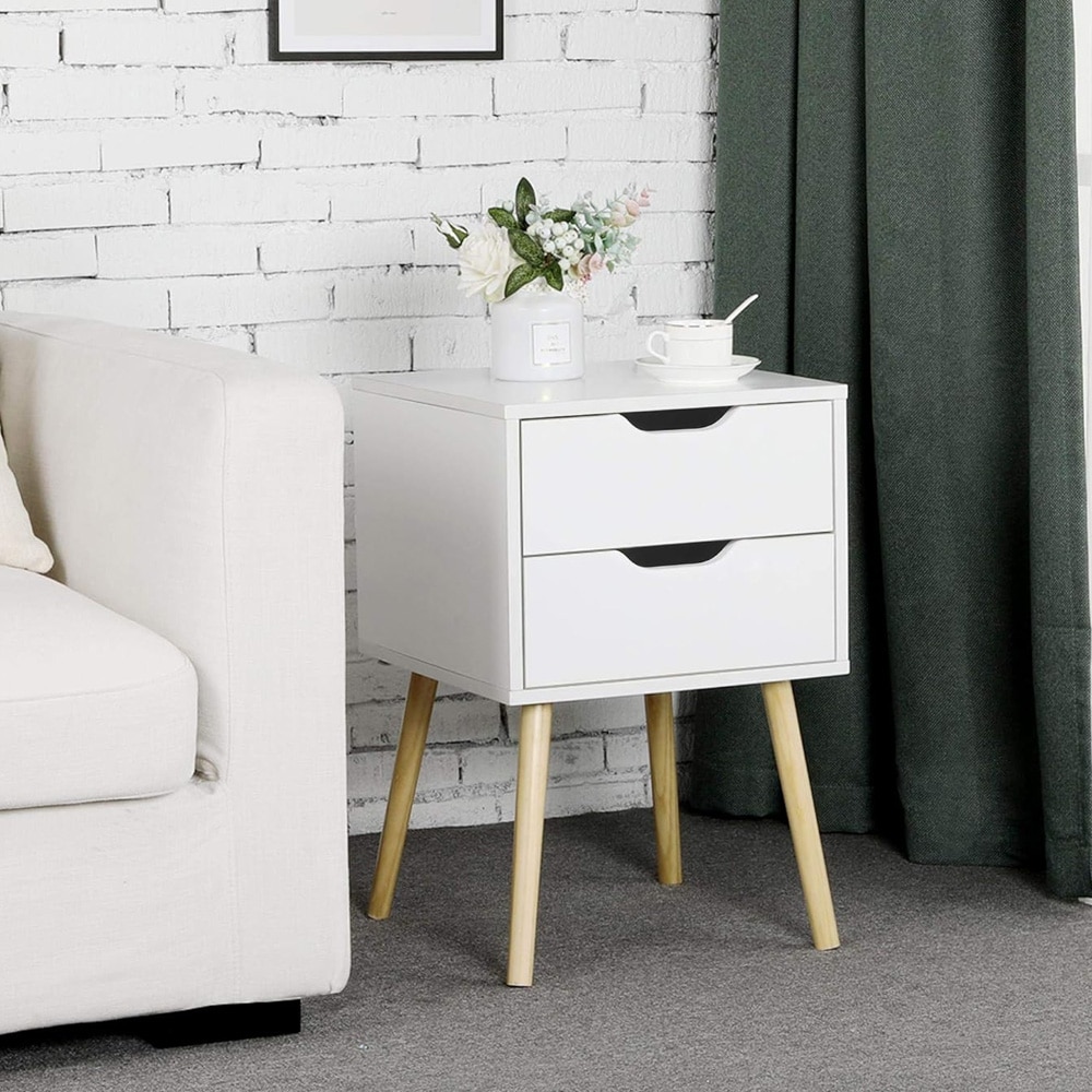 Nattbord 2 stk 40×40×61 cm / sidebord med 2 skuffer og ben i massivt tre – Hvit/natur