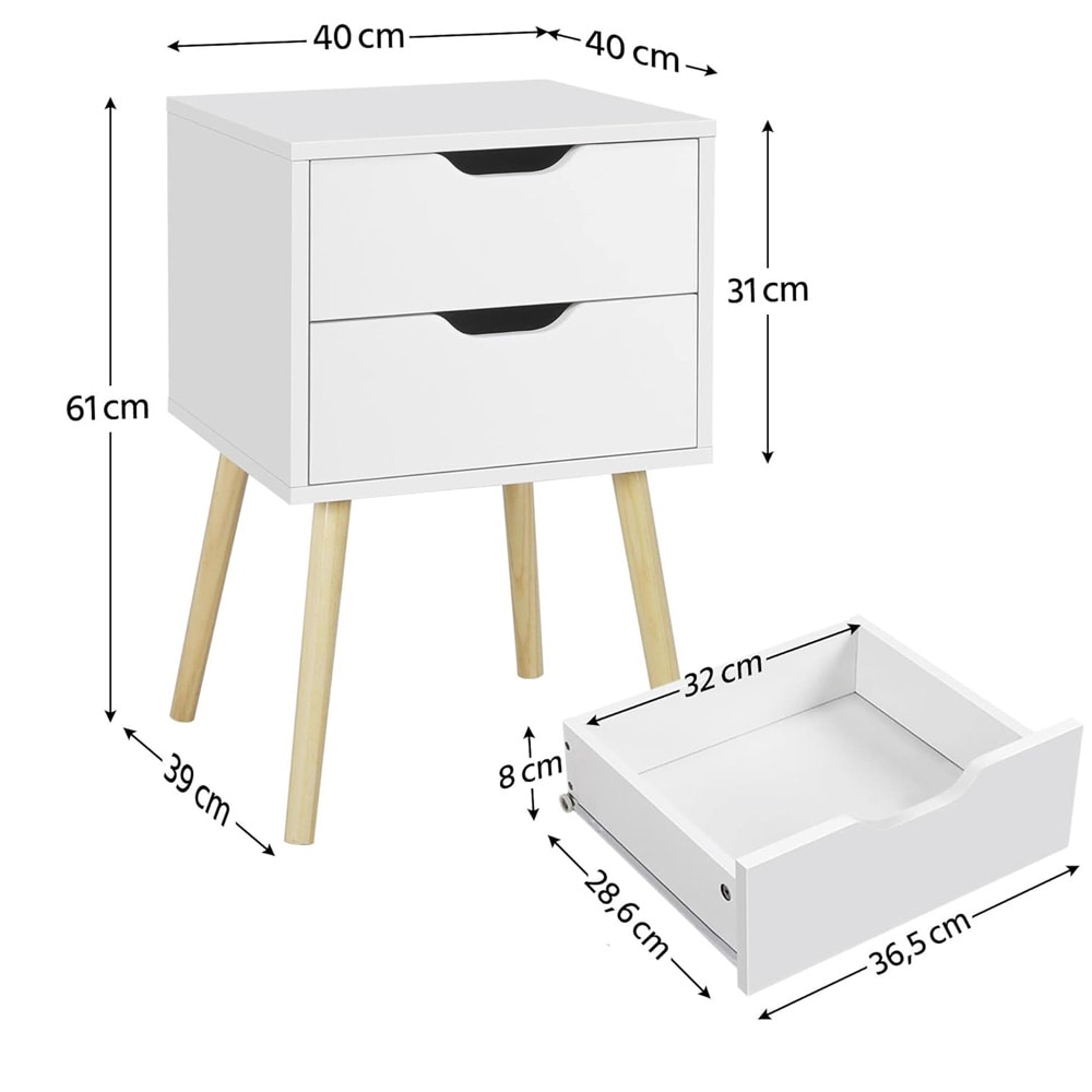 Nattbord 2 stk 40×40×61 cm / sidebord med 2 skuffer og ben i massivt tre – Hvit/natur