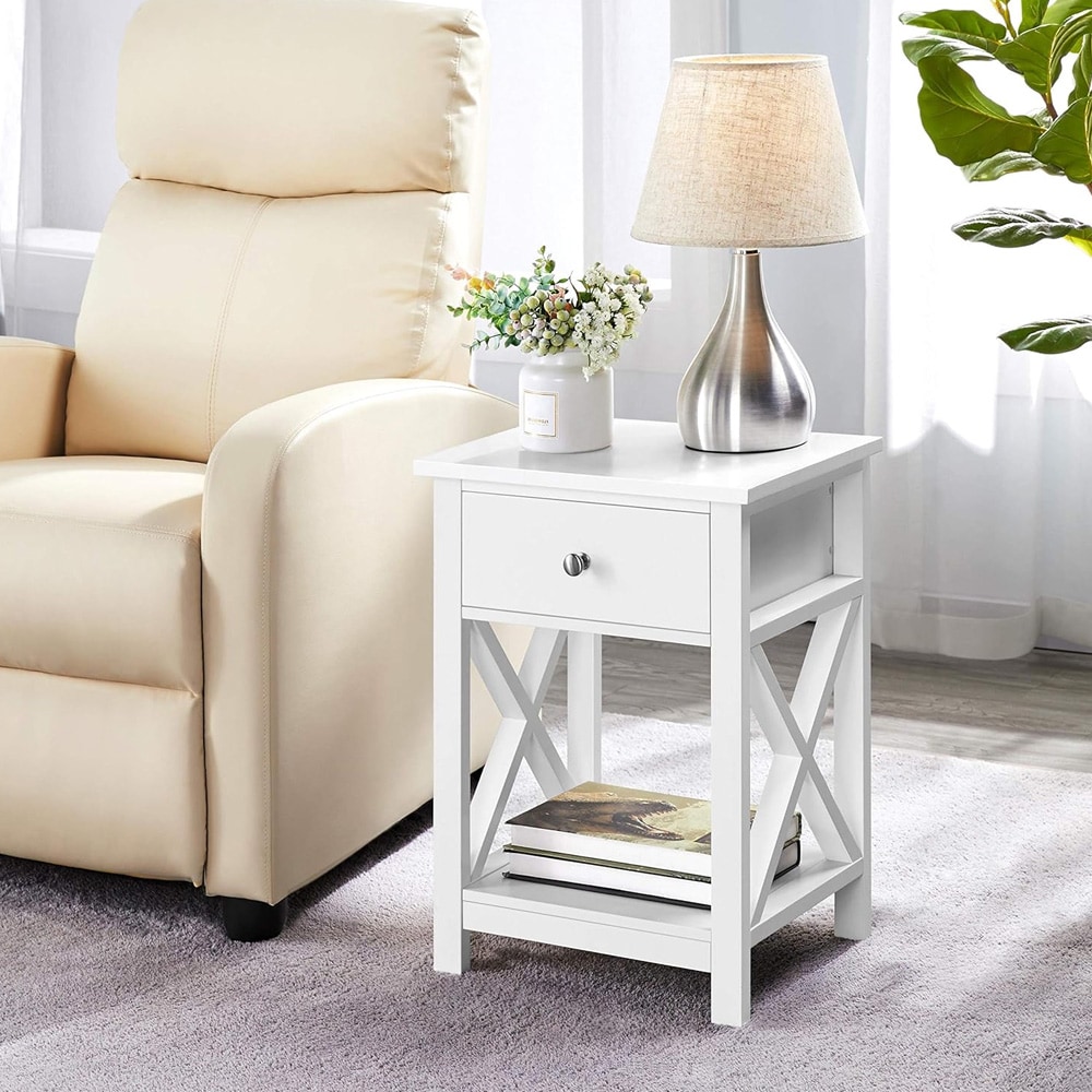 Nattbord 2 stk 40×30×55 cm / sidebord med skuff, åpen hylle og X-formede ben – Hvit